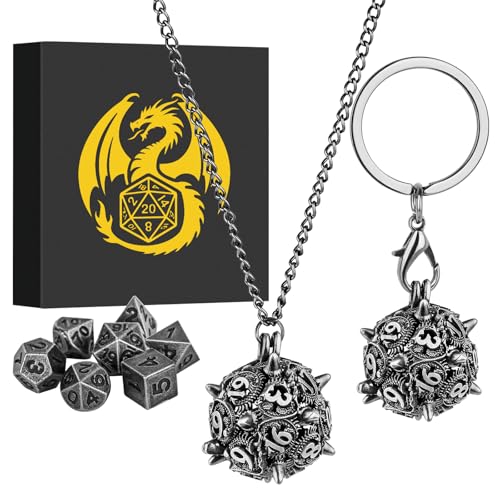 Mini DND Dice Set with D20 Spike Metal Cage Portable Keychain Necklace, Tiny 7pcs Polyhedral D&D Dice Set, DND Gifts with Gift Box, D&D Accessories for RPG, Dark Silver - color: Dark Silver