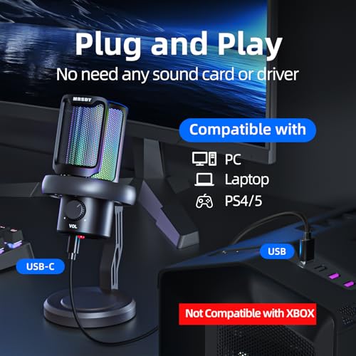 MRSDY USB Gaming Microphone for PC with Noise Reduction, Mute, Gain, RGB | Condenser Mic, Headphone Jack, Suitable for PC, Computer, PS4, PS5, Mac, Streaming, Podcasting, Recording, YouTube, Discord