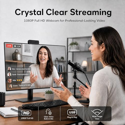 1080P USB HD Webcam with Microphone， Web Camera for PC，with Auto White Balance for Video Calls, Live Streaming Gaming & Online Meetings ，USB Streaming Camera - color: Black
