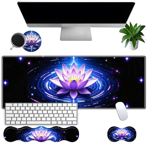 Large Gaming Mouse Pad Set with Wrist Support – 31.5" x 11.8" 4-in-1 XXL Mousepad with Keyboard Wrist Rest, Mouse Wrist Rest & Coaster – Ergonomic Desk Mat for Office, Home – Purple Lotus - color: Purple Lotus