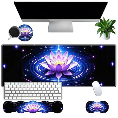 Large Gaming Mouse Pad Set with Wrist Support – 31.5" x 11.8" 4-in-1 XXL Mousepad with Keyboard Wrist Rest, Mouse Wrist Rest & Coaster – Ergonomic Desk Mat for Office, Home – Purple Lotus - color: Purple Lotus