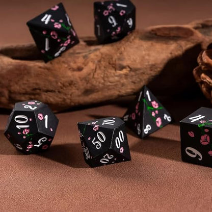 UDIXI Black Metal Dice Set D&D, 7PCS Flower Metal DND Dice Set for RPG | Pink Flower, Metal Case Packaging, Heavy Metal Dice, D&D Gift, for Dungeons and Dragons Role Playing Games Tabletop Games - color: Black-white