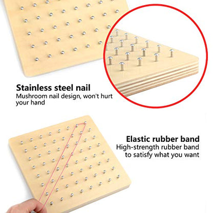 Thoth Montessori Wooden Geoboard Mathematical Manipulative Material Array Block Geo board with 36Pcs Pattern Cards and Rubber Bands Matrix 8x8 for Kids Graphical Educational Toys Early Development Toy