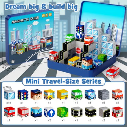 City Traffic Magnetic Blocks Set Fully Encased Magnets Non-Toxic | Child-Safe STEM Toys & Choking-Proof Travel Learning Gift for Ages 3-8 Car/Airplane Toddler Toy Birthday - style: City Traffic 49