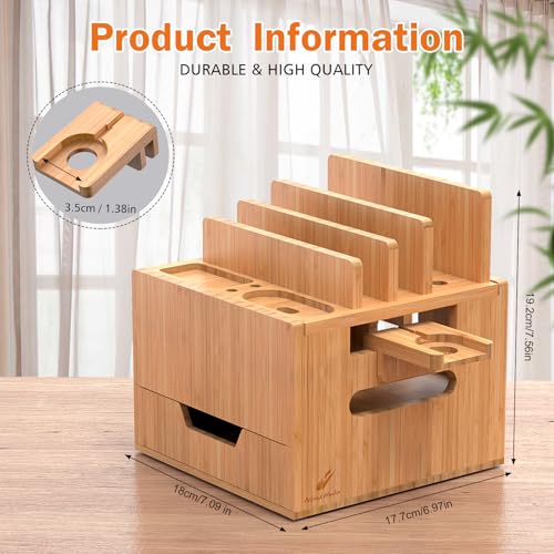 Pezin & Hulin Multi Device Charging Station with Drawer & USB Charger | All in One Dock Organizer with Large Storage, Bamboo Rack for Phones, Tablets, Watch, Earbuds (Charger & 5 Cables Included) - color: #2 (With Charger)