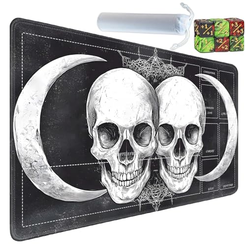 for MTG/TCG Playmat with Zones, 24 x 14 inches Trading Card Playmat with A Storage Bag and 6 Dice, Non-Lip Rubber Bottom Game Desk Mat, Skeleton in The Moonlight - color: Yux-playmats-2-3A-247