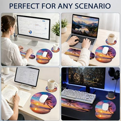 Tropical Palm Keyboard Wrist Rest Pad Ergonomic Mouse Pad Set,Sunset Trees Sea Beach 3 in 1 Memory Foam Mouse Pad with Non Slip Base for Office and Home - color: Tropical Palm Sunset Trees Sea Beach