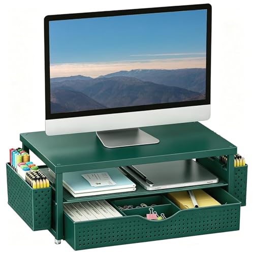 gianotter Desk Organizers and Accessories, Monitor Stand with Drawer and 2 Pen Holder, Desktop Organizer Suitable for Offices and Dormitories (Green-Plain) - color: Green-Plain