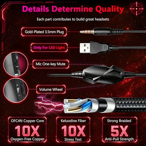 K98 Wired RGB Gaming Headset with Mic, Over Ear Gaming Headphones, 50mm Neodymium Drivers, Noise Isolating Microphone, Memory Foam Cushions, Aluminum Alloy Frame for PC, PS5, PS4, Xbox, Switch - color: Black/Red RGB