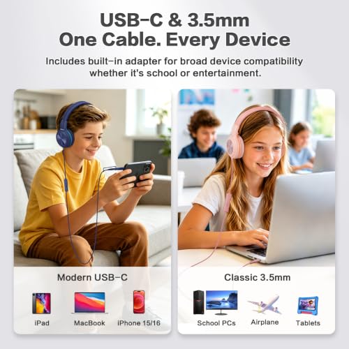 SIMOLIO Kids Wired Headphones with Mic, USB C & 3.5mm, 3-Level Safe Volume, Share Port & Pouch, Stereo Sound& Passive Noise Cancelling, Foldable Over Ear Headsets for Tablet Kindle iPhone iPad Travel - color: Purple USB C&3.5mm