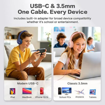SIMOLIO Kids Wired Headphones with Mic, USB C & 3.5mm, 3-Level Safe Volume, Share Port & Pouch, Stereo Sound& Passive Noise Cancelling, Foldable Over Ear Headsets for Tablet Kindle iPhone iPad Travel - color: Purple USB C&3.5mm