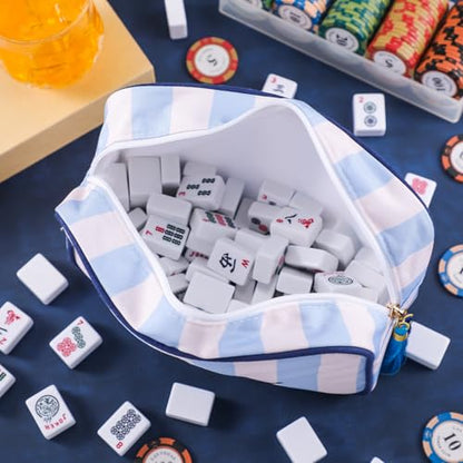 Sanwuta 1 Pcs Mahjong Tile Bag with Zipper,Blue,Striped | Embroidered Mahjong Case for 166 American Mahjong Tiles (1.2") Portable Bags for Board Game Party Gathering Travel - color: Blue, style: Classic