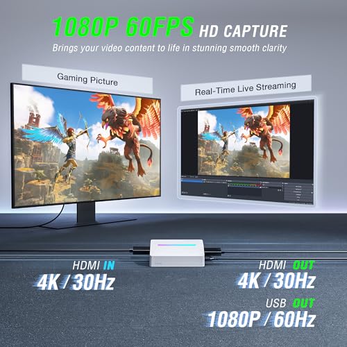 Fifine AmpliGame Gaming Capture Card USB 4K HDMI, 1080P Audio Video Capture Card for OBS Streaming with RGB, HDMI in/Out Compatible for Switch/XBOX/PS5/Computer-V3 White - color: White
