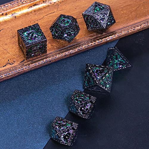 UDIXI Metal DND Dice Set D&D Polyhedral Dice Set for RPG (Green Sequins) | 7-Pieces, Dragon Carved, Chain-edge Design, Metal Gift Box, DM Gift, for Dungeons and Dragons Role Playing Games - color: Chain Frame-black With Green Sequins
