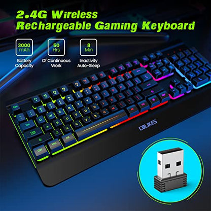 Gaming Keyboard Wireless, Light Up LED Backlit, Rechargeable Keyboard 50 Hours Battery Life & Sleep Mode & Indicators, Quiet, Ergonomic Metal Wrist Rest for PC Computer Gamer - 2.4G USB, Black