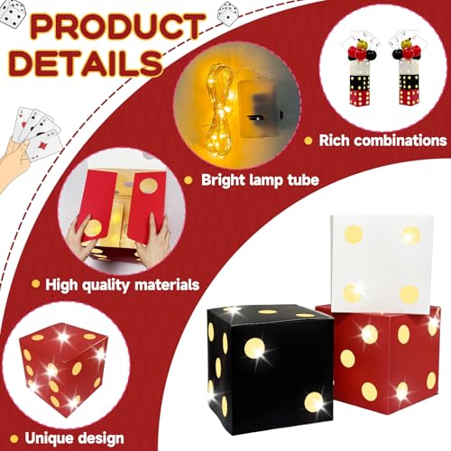 AerWo 81 Pcs Large Dice Boxes Casino Theme Party Decorations with Balloons & Jumbo Poker Cards, 11 inch Giant Dice Box with String Lights for Las Vegas Game Night Party Backdrop Red Black Golden