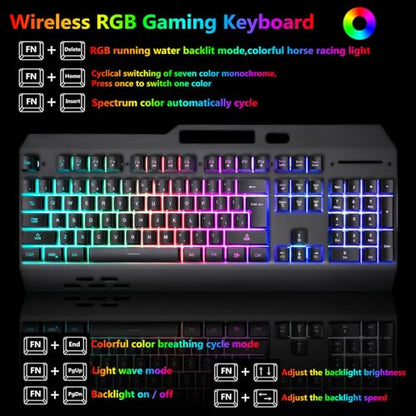 Wireless RGB Gaming Keyboard and Mouse - Rechargeable Backlit,Long Battery Life,Metal Panel Mechanical Feel with Palm Rest,7 Color Gaming Mouse and Mouse Pad for Game and Work