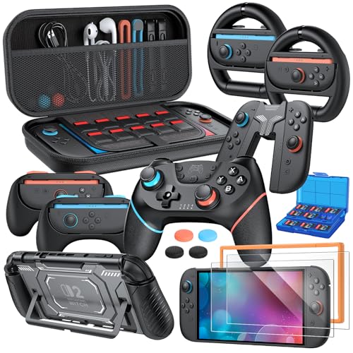 Switch 2 Accessories, Controller Bundle Case for Nintendo Switch 2 (2025), MENEEA 17-IN-1 Kits: Pro Controller, Carrying Case, Grips for Joy Con,Steering Wheels for Mario Kart,Protective Cover for Controller Console for Switch 2 (1* Black Controller) - co