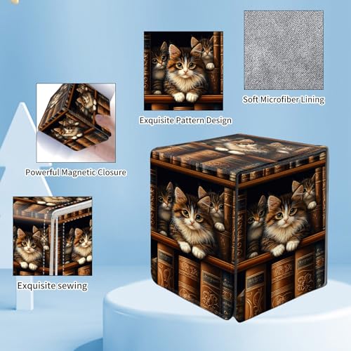 Card Deck Box for MTG Commander,Collectible Trading Storage Box Fits 120+ Single Sleeved Cards Magnetic Case PU Leather for Magic Commander TCG CCG MTG,Cute Cat Bookshelf - color: Cute Cat Bookshelf