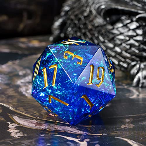 Cusdie Single D20 DND Dice with Sharp Edges and Glitter Foil Inclusions, 20 Sided D&D Dice, 33mm Handcrafted Polyhedral Dice, for Role Playing Game (Sapphire Blue/G) - color: Sapphire Blue