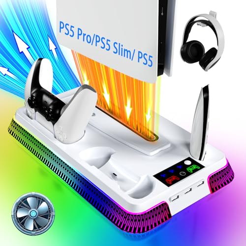 PS5 Stand for PlayStation 5 Console, PS5 Cooling Station & Charging Station with RGB, PS5/Slim/Pro Controller Charger Incl.3 Level Fan,Headset, PS5/Slim/Pro Accessories Comes 3 USB Ports - color: Piano-White