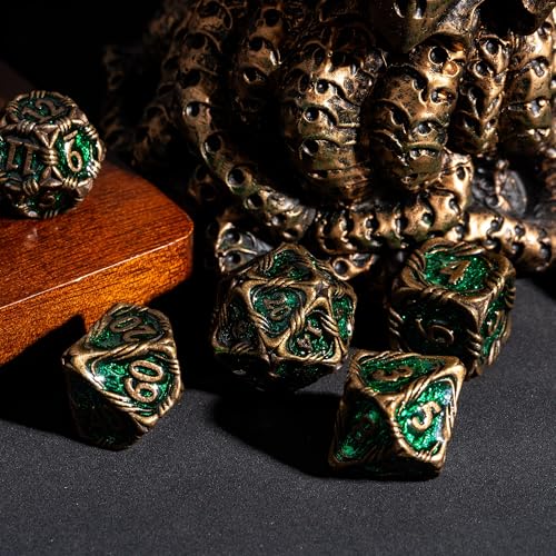 7-Die Metal DND Dice Set Role Playing Dice for RPG Table Games | Vine Design PU Leather Pouch for Dungeons and Dragons - color: Vine-bronze Green