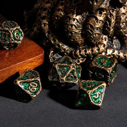 7-Die Metal DND Dice Set Metallic Polyhedral Role Playing Dice | Vine Design PU Leather Pouch for Dungeons and Dragons RPG Table Games - color: Vine-bronze Green