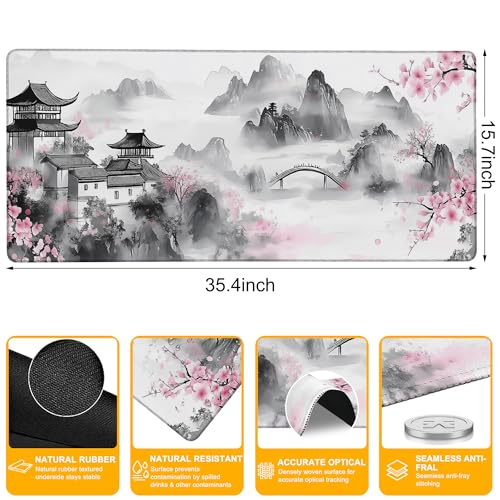 Large Gaming Mouse Pad Japanese Cherry Blossom Extended Computer Keyboard Mousepad with Non-Slip Rubber Base Stitched Edge Waterproof Big Long Laptop Pad for Gamer Office Home 35.4"X 15.7" - color: Neon Mushroom Forest