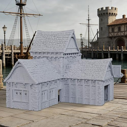 AUSPDICE DND Terrain 25mm 3피스 도크 빌딩, 도색되지 않은 TTRPG 풍경 | 1:64 스케일 멀티 레벨 하버 하우스, 탈착식 지붕 섹션과 던전 앤 드래곤을 위한 디테일한 내부 - AF1154I - color: Af1154i Dock Buildings I