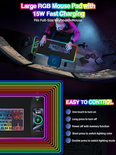 Wireless Charging Mouse Pad, 31.5"x11.81" XL Gaming Mousepad with 11 RGB Colors & 5 Lighting Modes, Home Office Large Desk Pad, Ultra-Smooth Surface, Non-Slip, Waterproof Keyboard Pad Black Desk Mat - color: 31.5x11.81"-Black Right Upgraded