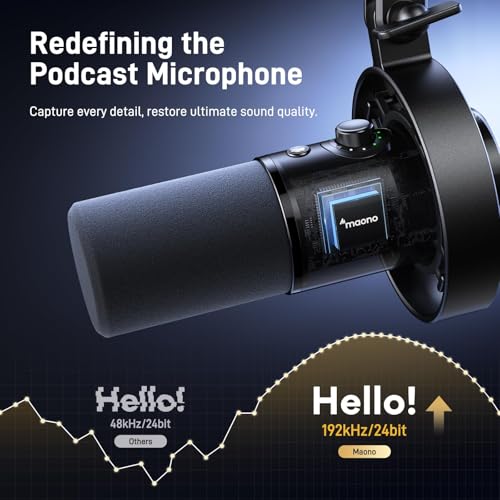 MAONO Dynamic Microphone-XLR USB Podcast Recording Mic: for Vocal Recording, Content Creation, Home Studio, Voiceover, with 192kHz/24bit, Noise Reduction, Mic Gain, Monitoring, Mute (PD300XT)
