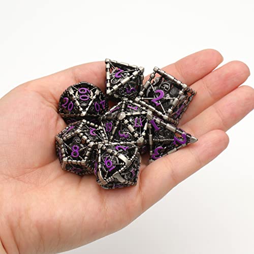 DND Dice Set,Grim Reaper Design Hollow Metal 7-Die,Purple Numbers | Lightweight copper dice,Easy-To-Read Engraved Numbers,a Gift Box and Velvet Bag for DND RPG Play - color: Grim Reaper Purple Number