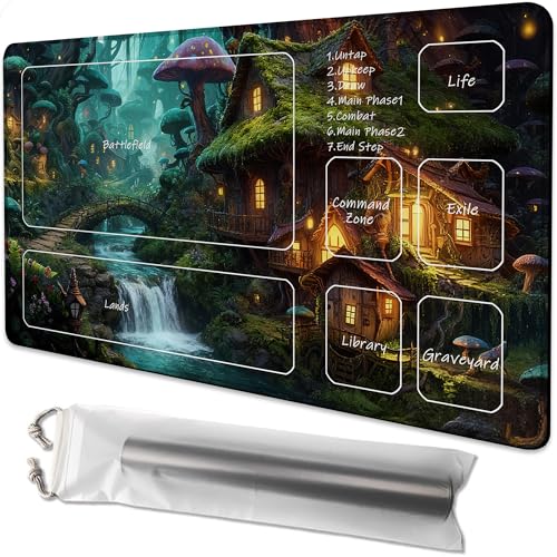 Playmat for MTG Fairy Forest Mushroom Magic Play Mat 24x14 Inch Card Game Mat for Magic The Gathering TCG PTCG Playmat with Free Storage Bags Non-Slip Backing and Stitched Edge - color: Fairy Forest Mushroom With Zones