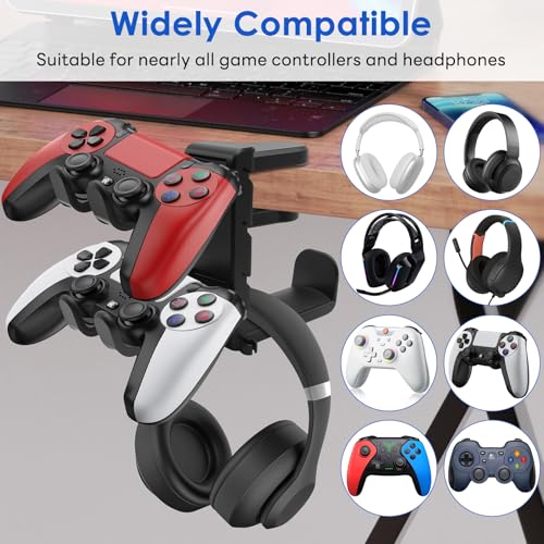 3 In 1 PC Gaming Headphone & Controller Stand Holder, Clamp On Headset Hanger with 360° Rotation Hook, Under Desk Cable Clip Organizer Earphone Storage Rack, Universal XBOX PS5 PS4 Switch Gift, Black