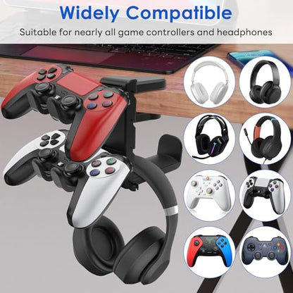 3 In 1 PC Gaming Headphone & Controller Stand Holder, Clamp On Headset Hanger with 360° Rotation Hook, Under Desk Cable Clip Organizer Earphone Storage Rack, Universal XBOX PS5 PS4 Switch Gift, Black