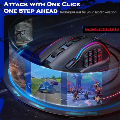 Redragon Wireless Gaming Mouse, MMO Gaming Mouse UP 16,000 DPI, 16 Macro Programmable Buttons, RGB Rechargeable with 12 Side Buttons, 70Hrs for PC Laptop MOBA FPS, M901P-KS - color: black
