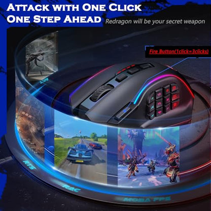 Redragon Wireless Gaming Mouse, MMO Gaming Mouse UP 16,000 DPI, 16 Macro Programmable Buttons, RGB Rechargeable with 12 Side Buttons, 70Hrs for PC Laptop MOBA FPS, M901P-KS - color: black