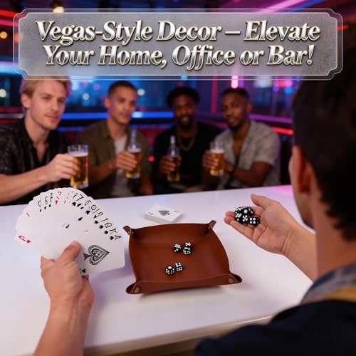 5 Pack Tray Catchall Dishes Mat Bundle with Rolling Cubes Dice & Card Game | Smooth PU Leather, Four-Corner Snap Assembly, Spill Resistant Surface, Compact Foldaway Storage, Lightweight, Damp Cloth Wipe