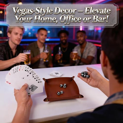 5 Pack Tray Catchall Dishes Mat Bundle with Rolling Cubes Dice & Card Game | Smooth PU Leather, Four-Corner Snap Assembly, Spill Resistant Surface, Compact Foldaway Storage, Lightweight, Damp Cloth Wipe
