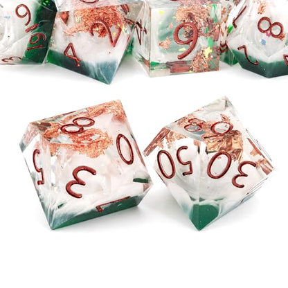 Haxtec Forest Landscape DND Dice Set Sharp Edge Resin Polyhedral Dice, Nature D&D Dice with Metal Case, Handmade Gold Flake Inside Dice Set for Dungeons and Dragons TTRPG, Green White Copper DND Gift - color: Green White