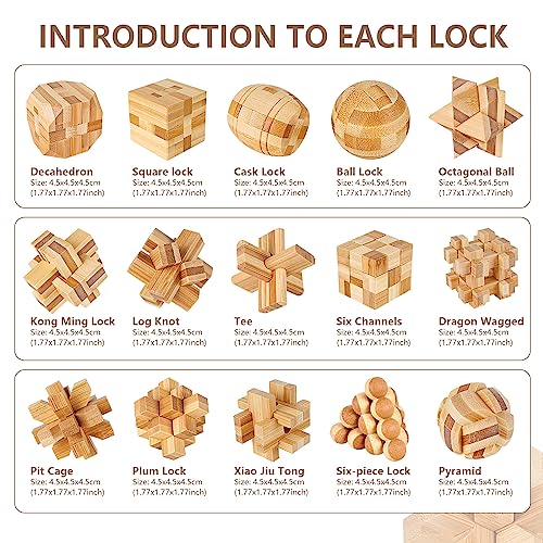 VolksRose 15pcs Wooden Brain Teaser Puzzles, IQ Challenge Puzzle Games, Logic Smart Mind Puzzle Box Lock Toy Removing Assembling 3D Small Puzzle Gift Set for Adults Teenagers Kids, 1.8inch 4.5cm - color: A-15pcs-4.7cm