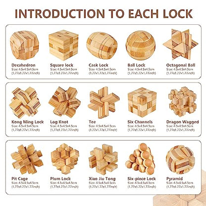 VolksRose 15pcs Wooden Brain Teaser Puzzles, IQ Challenge Puzzle Games, Logic Smart Mind Puzzle Box Lock Toy Removing Assembling 3D Small Puzzle Gift Set for Adults Teenagers Kids, 1.8inch 4.5cm - color: A-15pcs-4.7cm