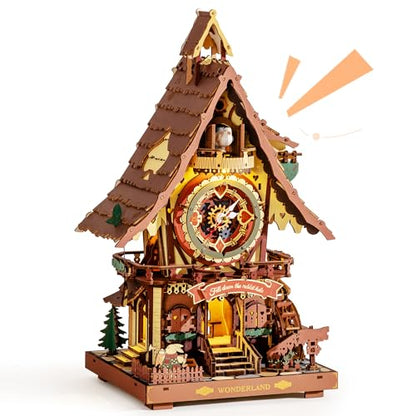 ROKR Cuckoo Clock 3D Wooden Puzzle with LED Light & Hourly Chime for Adults | DIY Wooden Clock Model Building Set, Unique Gift for Women Men