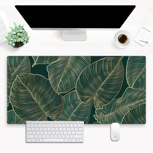 Luxury XXL Desk Mat 31.5x15.7 Emerald Green Gold Leaf Mouse Pad | Elegant waterproof 3mm cushioned mousepad with non-slip base. Modern botanical desk protector for home office decor. - color: Green Plants