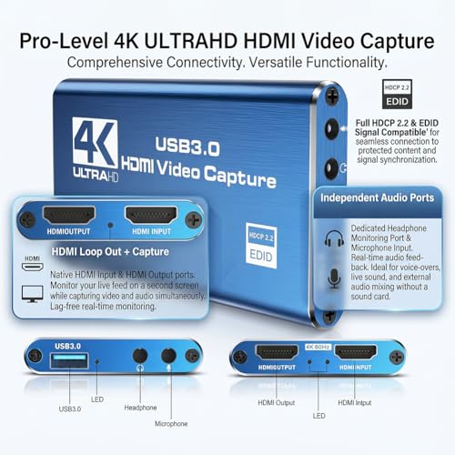 Video Capture Card, Audio Video Capture Card, USB 3.0 Capture Card 4K HDMI Loop-Out, 1080P 60FPS Video Game Capture for Streaming Works for PS5/Switch/Camera/PC/OBS (Blue) - color: Blue