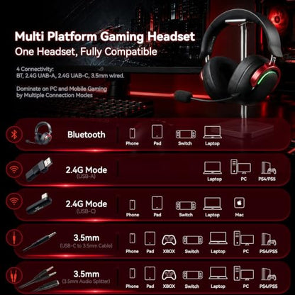 Wireless Gaming Headset with Mic Over Ear Headphones for PC,Xbox,PS5,Switch | 7.1 Surround Sound,50mm Drivers,Aluminum Frame,Noise Cancelling,RGB,Soft Ear Pads,Multi Platform Headset for Laptop Phone Mac