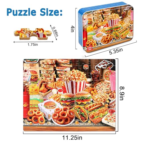 LELEMON Puzzles for Kids Ages 4-6,Hamburger Foods 100 Piece Puzzles for Kids Ages 4-8 in a Metal Box, Educational Jigsaw Puzzles 100 Piece Puzzle Games Puzzle Toys for Girls and Boys - color: Hamburger Foods