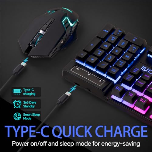CHONCHOW Wireless Keyboard and Mouse Combo - 2.4G Rechargeable USB Rainbow LED Backlit Wireless Gaming Keyboard,Anti-ghosting Multimedia Keys Mechanical Feel for PC Laptops PS Xbox
