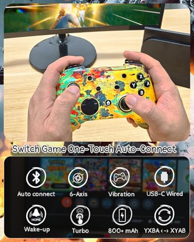 Wzuiсov RGB Wireless Game Controller for Switch/PC/iPhone/Android - Bluetooth & USB-C Wired with Phone Mount, USB C to A Adapter, Tablet, TV Box & Tesla Compatible - color: Greed&Yellow