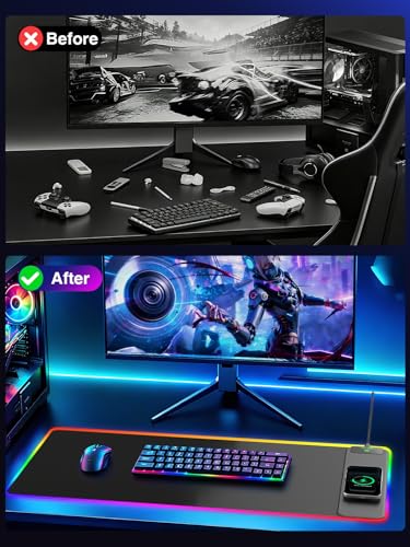 Wireless Charging Mouse Pad Gaming, 31.5"x15.8" Large Desk Mat, Waterproof | RGB Mousepad, Smooth Glide, Stitched Edge, Non-Slip Rubber Base, Desk Pad Computer Keyboard Mat, No Adapter - color: RGB-31.5"x15.8"-Right